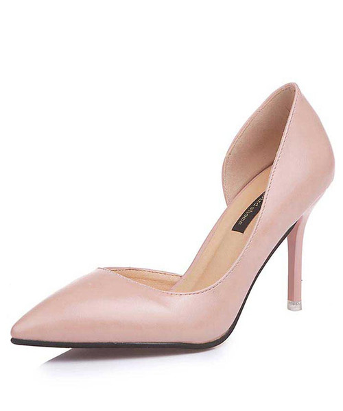 Beige slip on high heel dress shoe side 