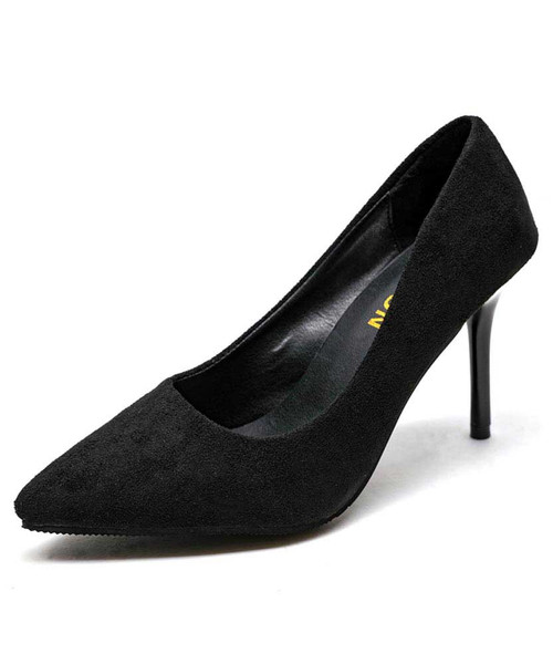 Black suede slip on mid heel dress shoe 01