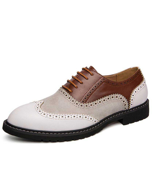 Men's white brown retro brogue oxford leather dress shoe 01