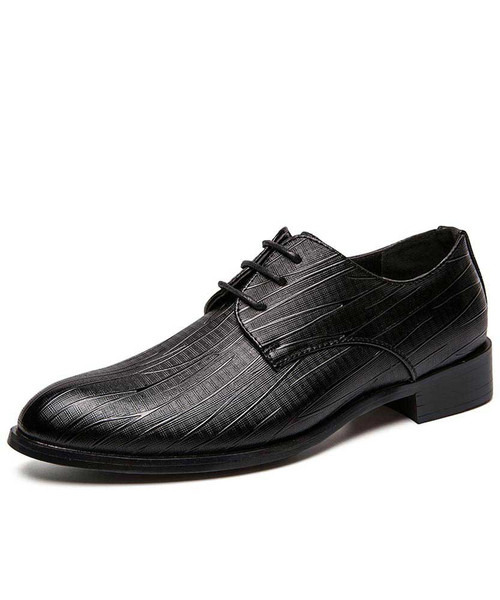 Men's black random stripe pattern leather derby dress shoe 01