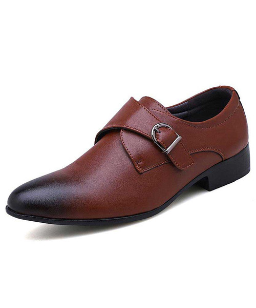 Men's brown buckle strap leather slip on dress shoe 01