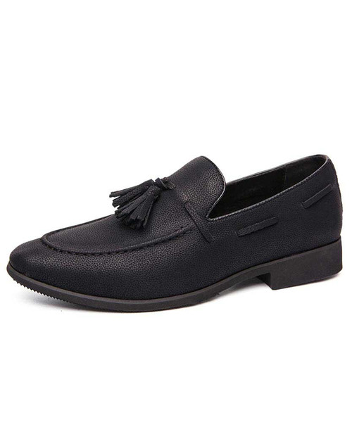 Men's black tassel strap leather slip on dress shoe 01