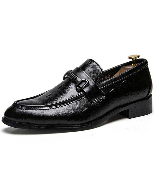 Men's black retro leather slip on dress shoe buckle on top 01