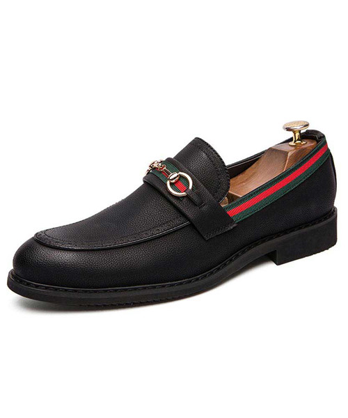 Men's black color stripe metal buckle leather slip on dress shoe 01