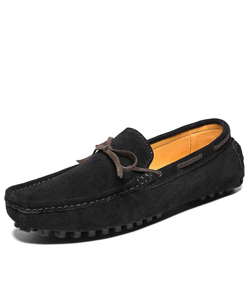 Men's black bow on vamp leather slip on shoe loafer 01