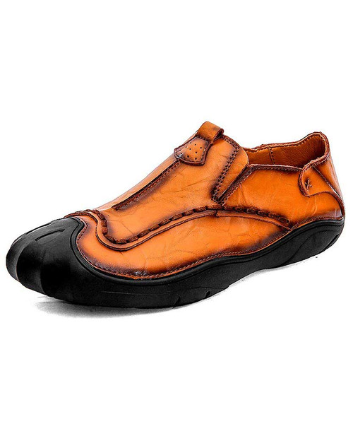 Men's brown retro sewed leather slip on shoe loafer 01