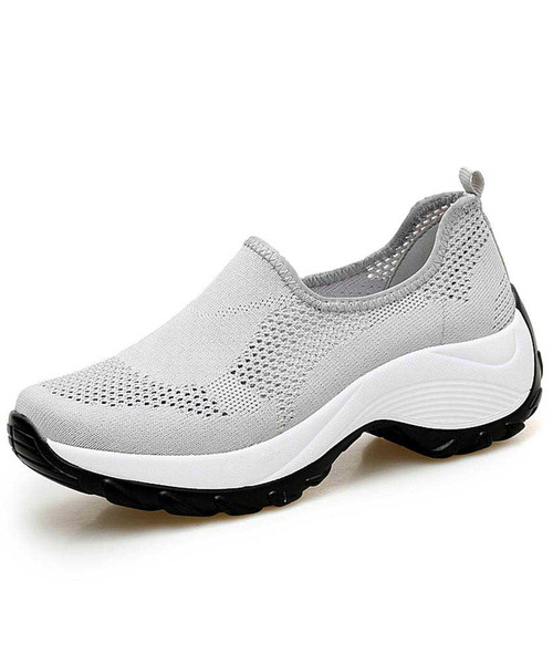 Women's grey hollow slip on double rocker bottom shoe sneaker 01