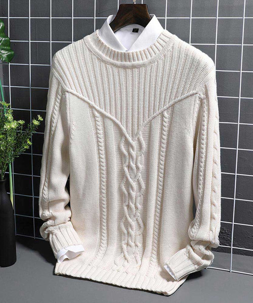 Men's white pattern stripe texture long sleeve sweater 01