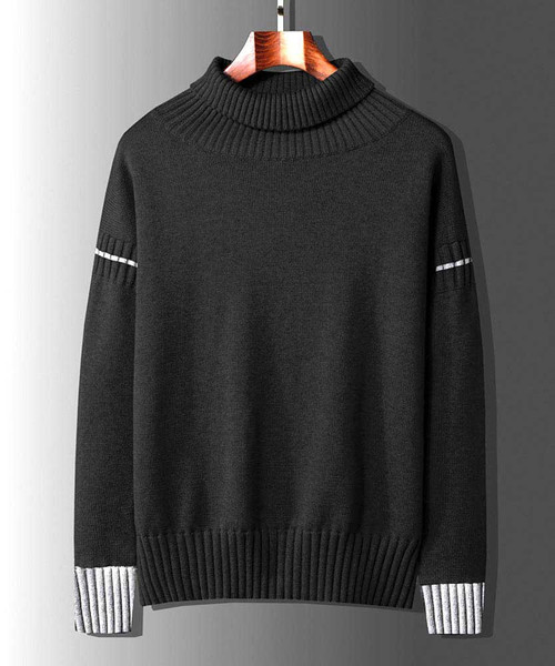 Men's black stripe detail high neck long sleeve sweater 01