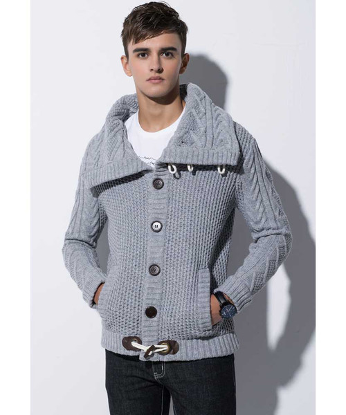 Men's grey high neck texture button long sleeve knit sweater 01