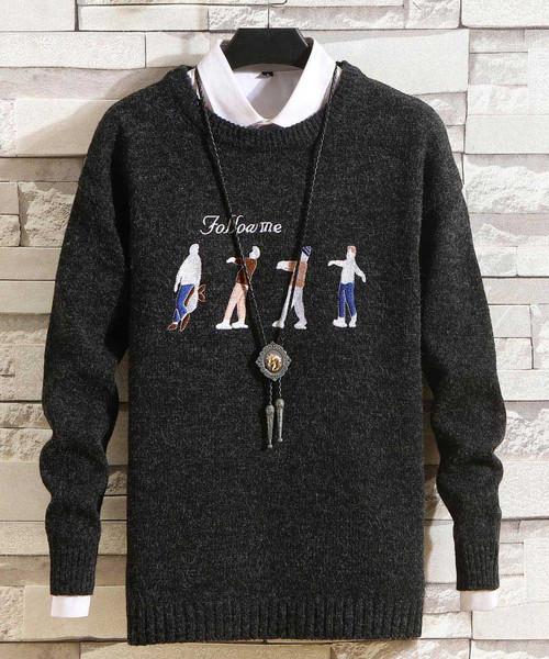 Men's black follow me pattern pull over sweater