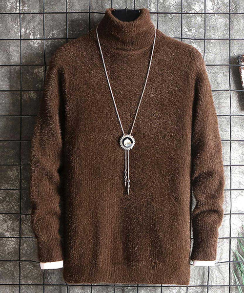 Men's brown high neck pull over sweater in plain