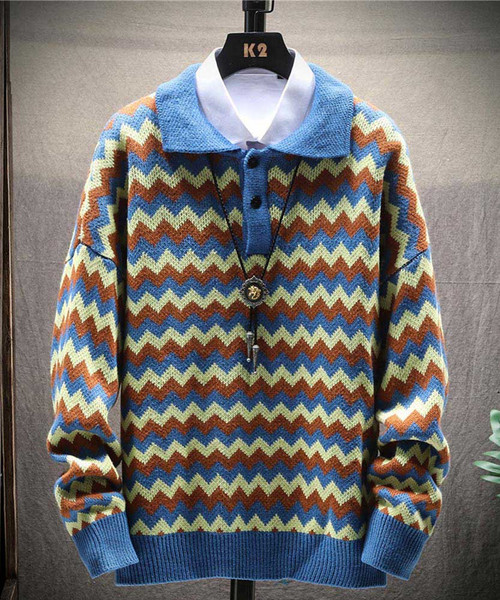Men's blue wave stripe pattern texture pull over sweater 01