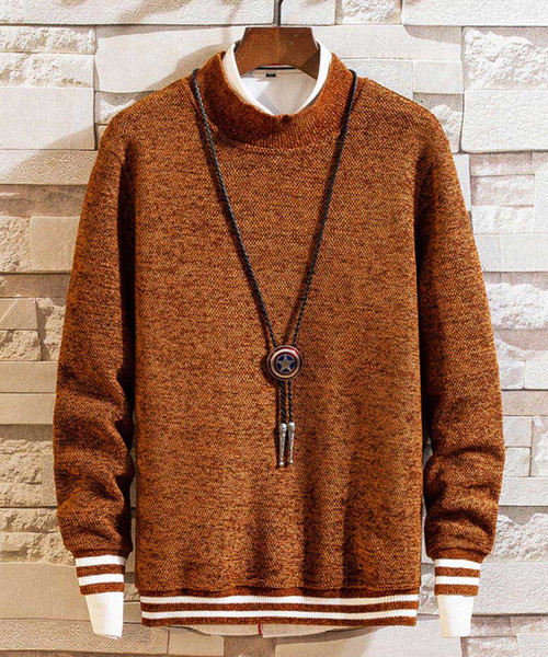 Men's caramel textured white stripe pull over sweater 01