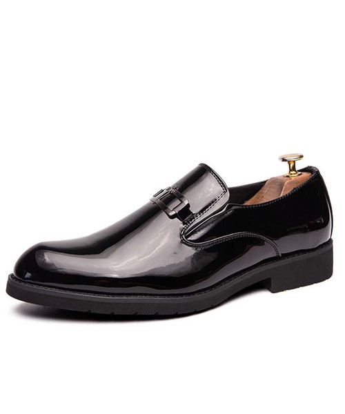 Men's black rectangle metal buckle pattern slip on dress shoe 01