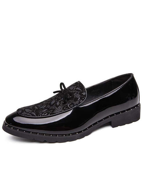 Black leather pattern slip on dress shoe with bow tie 01