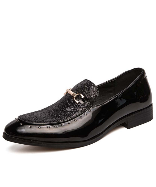 Black patent sequins slip on dress shoe with metal buckle 01