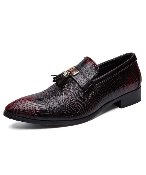 Red tassel croc pattern leather slip on dress shoe point toe 01