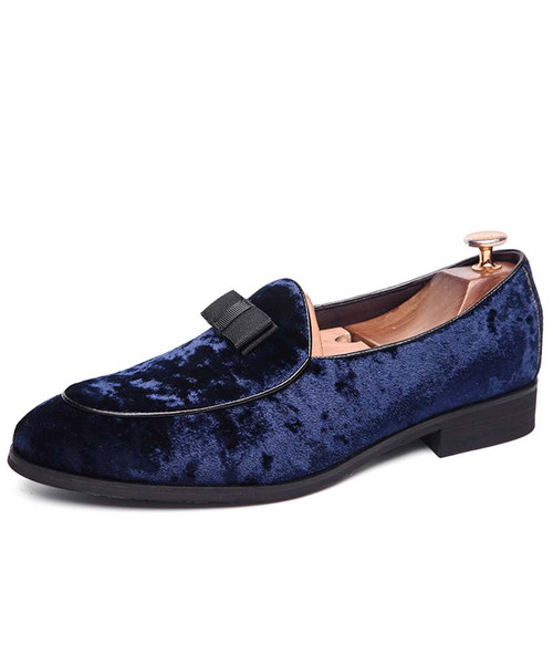Blue suede leather slip on dress shoe with bow tie 01