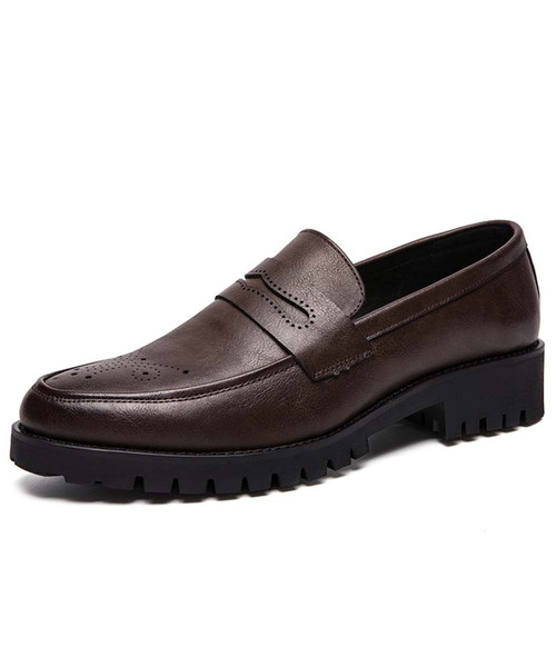 Brown retro pattern slip on brogue dress shoes 01