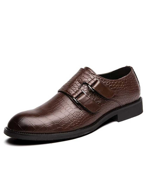 Brown croco skin pattern monk strap dress shoe 01