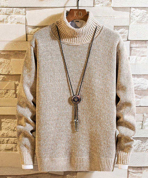 Men's apricot pull over high neck sweater in plain