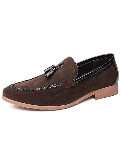 Brown suede tassel sewed effect leather slip on dress shoe 01