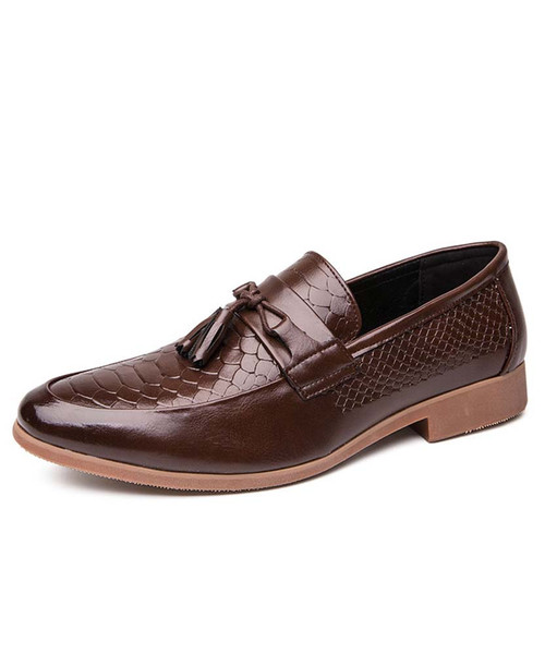 Brown tassel crocodile skin pattern slip on dress shoe 01