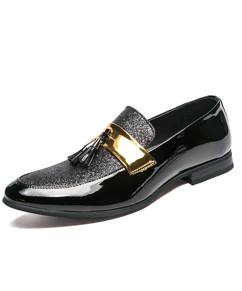 Black patent sequins tassel leather slip on dress shoe 01