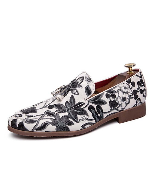 White floral print tassel  leather slip on dress shoe 01