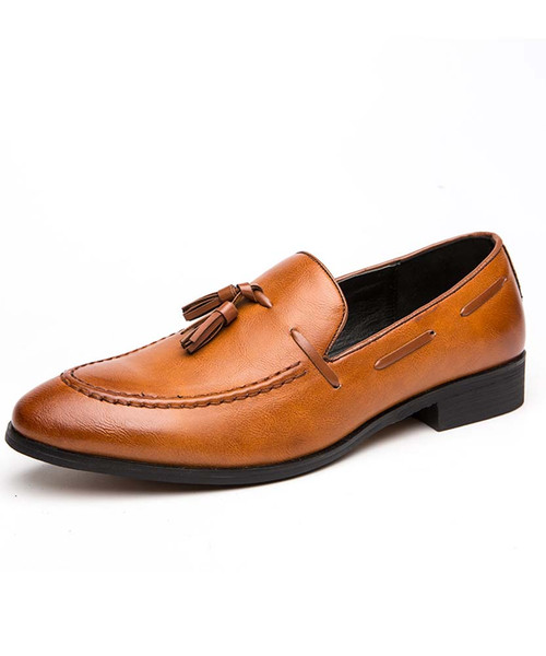 Men's brown tassel on vamp leather slip on dress shoe 01