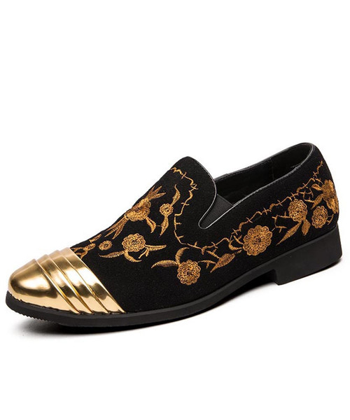 Men's black floral pattern pleated toe slip on dress shoe 01