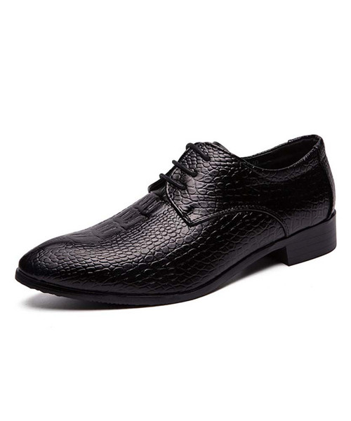 Black crocodile skin pattern leather derby dress shoe point toe 01