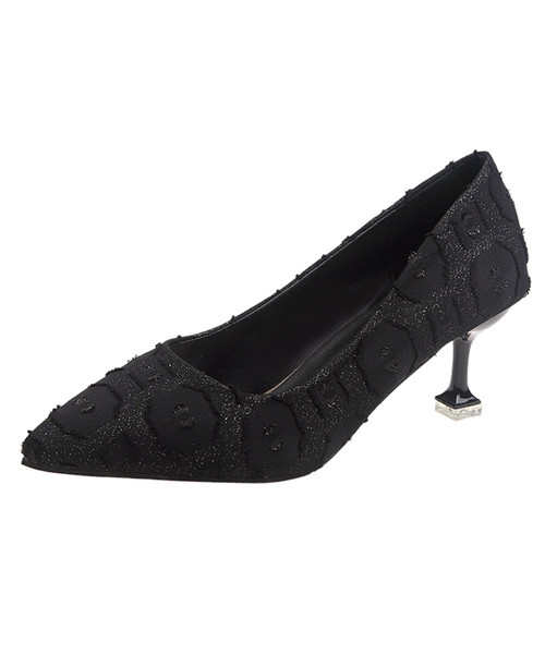Black mix pattern shapes heel dress shoe point toe 01