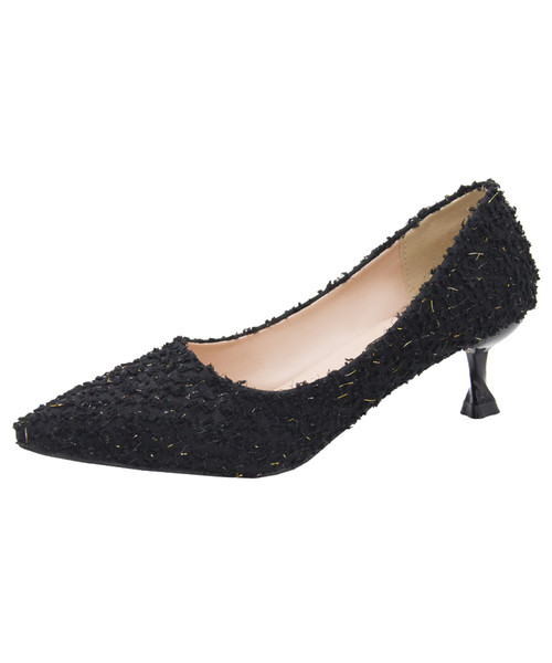 Black fabric texture slip on heel dress shoe 01