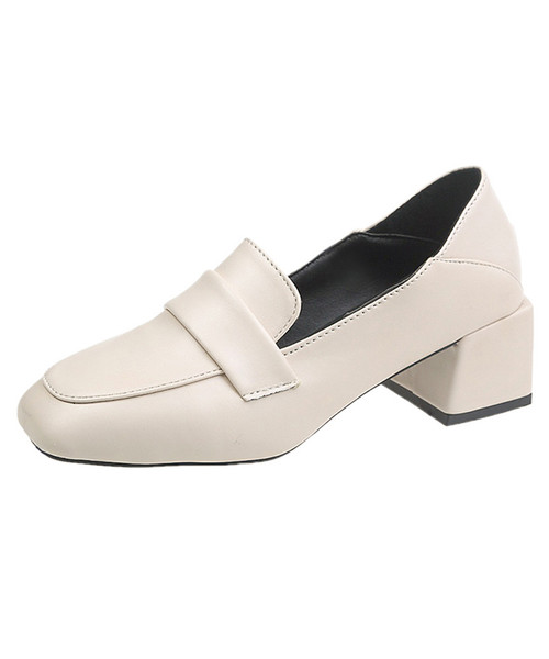 Beige square toe slip on high heel dress shoe in plain 01