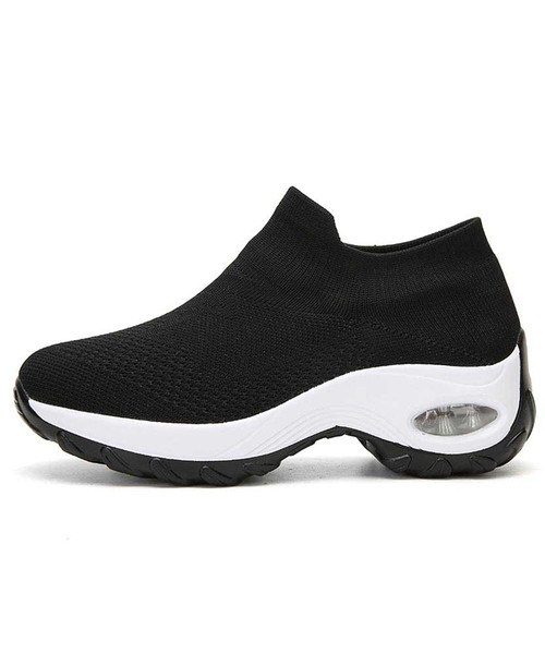 Women's black white sock like fit slip on double rocker sneaker 01