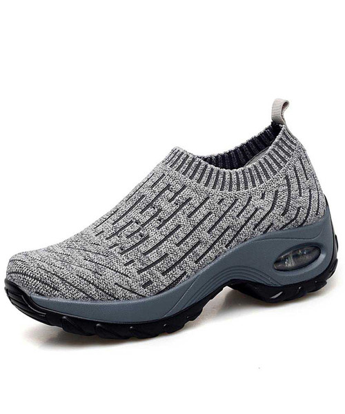 Women's grey stripe slip on sock like double rocker bottom sneaker 01