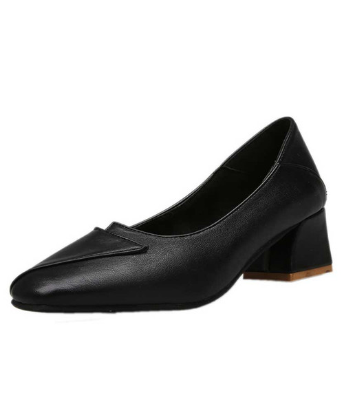 Black square toe slip on heel dress shoe fold style