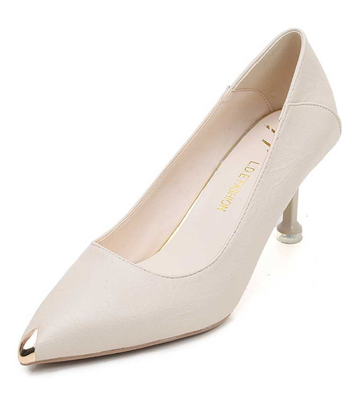 Beige metal toe front heel slip on dress shoe 01