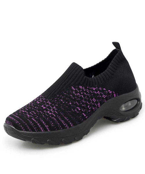 Women's purple flyknit stripe slip on double rocker bottom sneaker 01