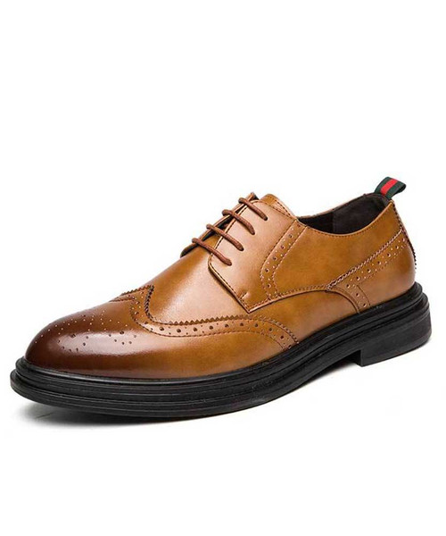 Brown retro brogue leather derby dress shoe 01