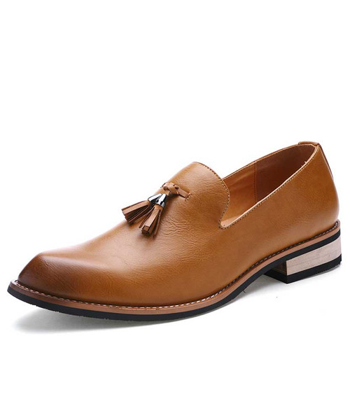 Brown tassel on vamp leather slip on dress shoe 01