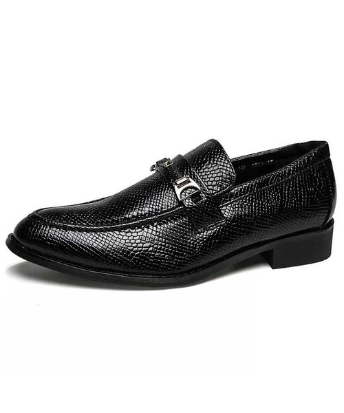 Black snake skin pattern buckle leather slip on dress shoe 01