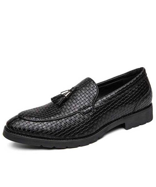 Black tassel on vamp check pattern leather slip on dress shoe