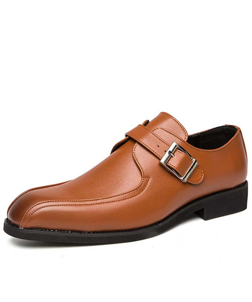 Brown sewed monk strap leather slip on dress shoe 01