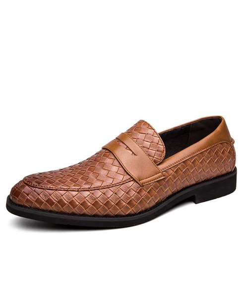 Brown check pattern leather slip on dress shoe 01