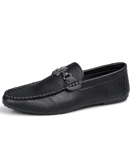 Men's black N Y buckle leather slip on shoe loafer 01