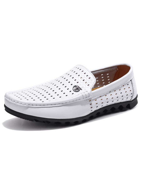 Men's white hollow out V buckle leather slip on shoe loafer 01