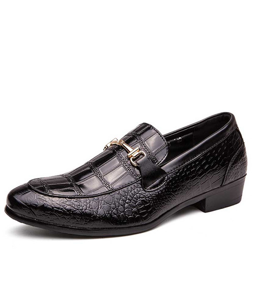Men's black croc skin metal buckle slip on dress shoe 01